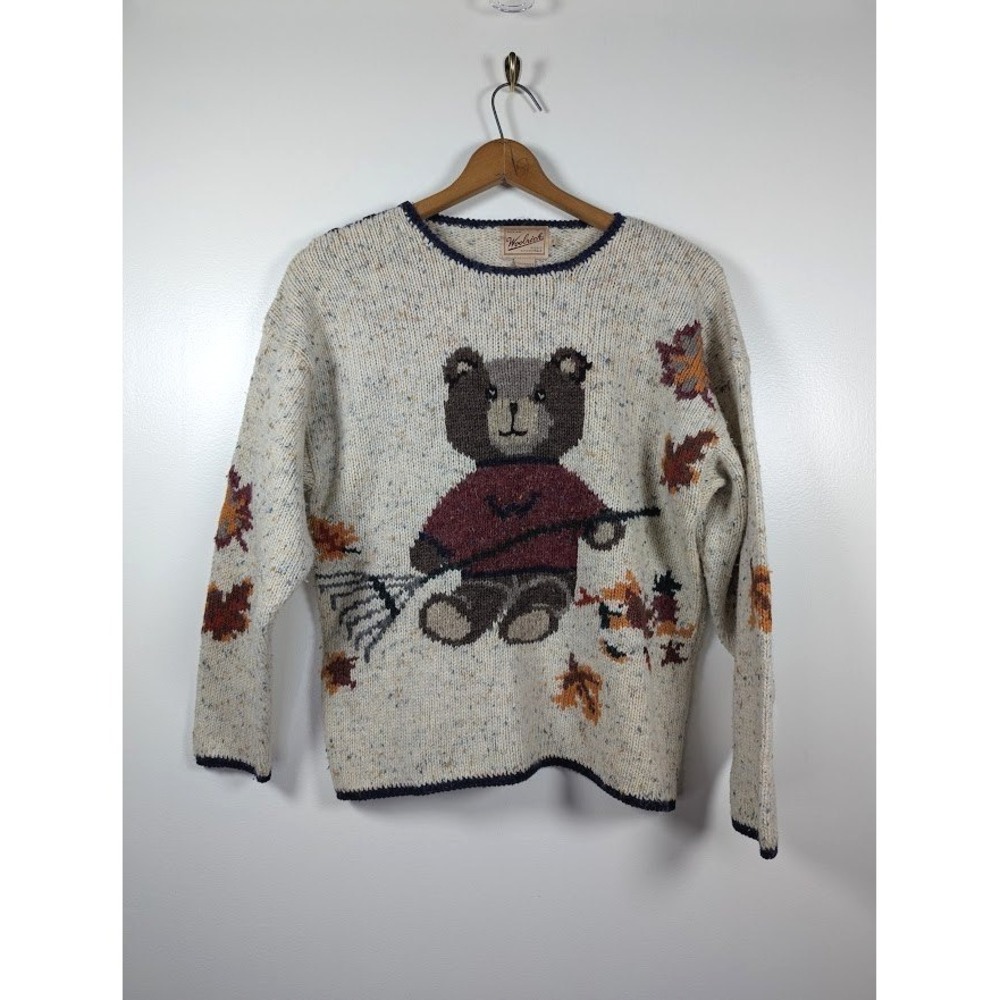 Vintage 90s Woolrich Sweater Women's Size Medium Teddy Bear‎ Fall Chunky Leaves